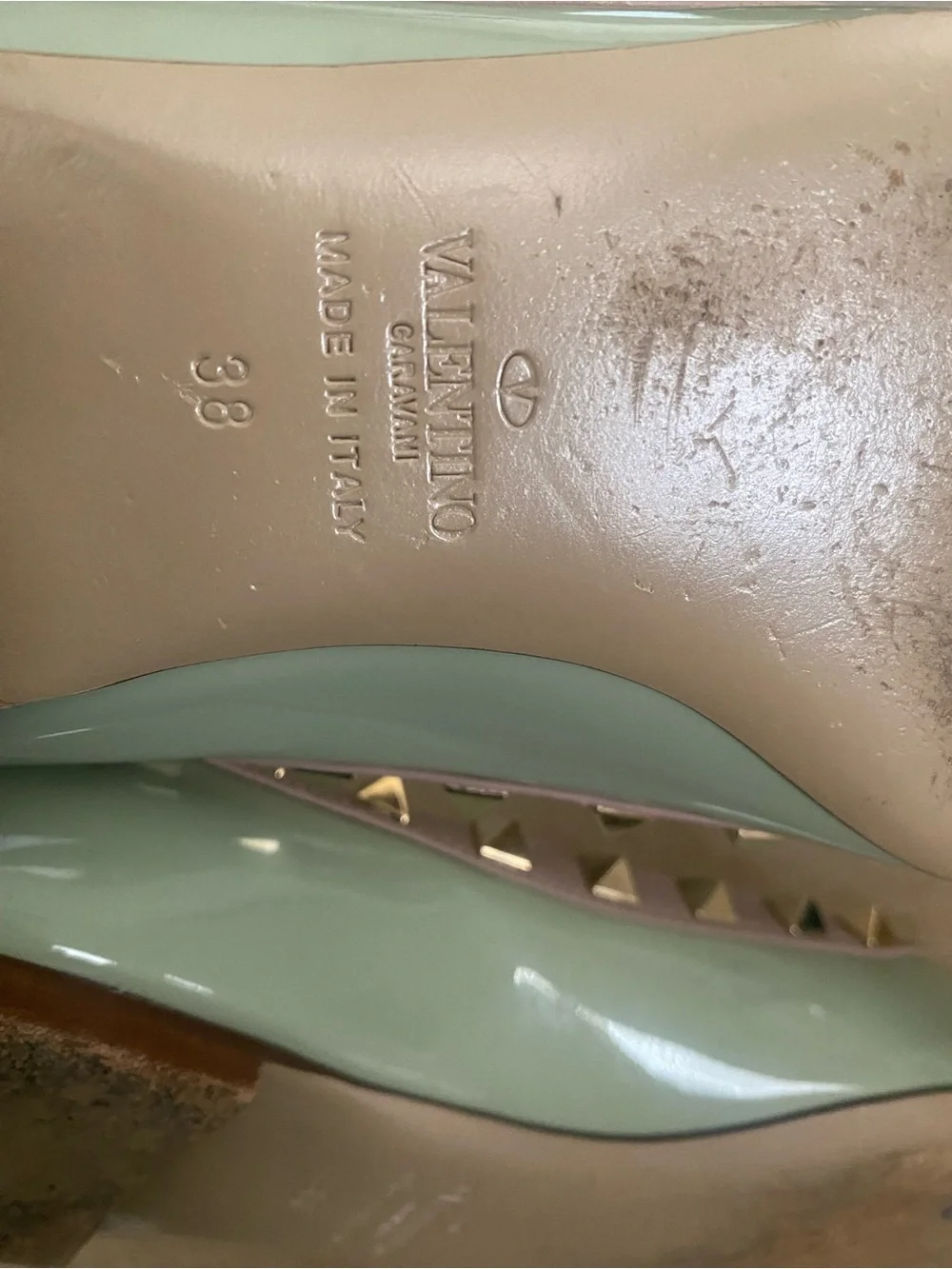 Valentino Rockstud Patent Leather Ballet Flats Size 38 (8) Mint Green